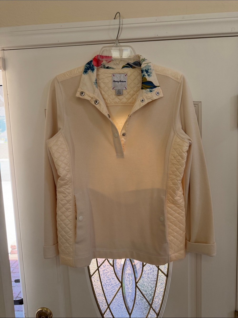 Tommy Bahama Cream Quilted-Panel Pullover with Floral Trim Collar